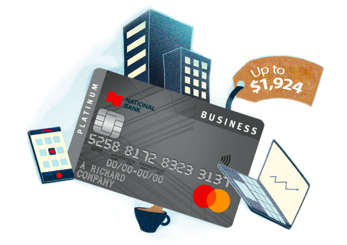 Illustration of the Platinum Business Mastercard credit card with a tag that indicates a value of $1,924