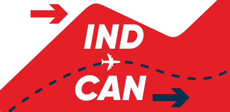 Illustration of arrows, the letters CAN and IND, and a small airplane on the National Bank logo