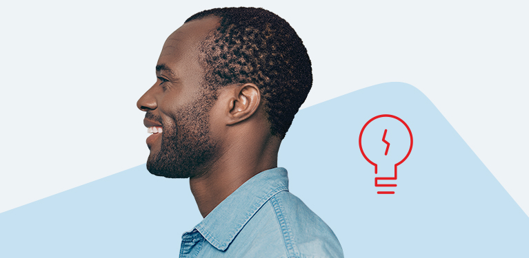 Photo of a person’s profile with the National Bank logo in the background and a picto of a lightbulb 